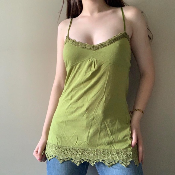 Zara green cotton shelf-bra cami with crochet trim (like new) - Picture 3 of 3